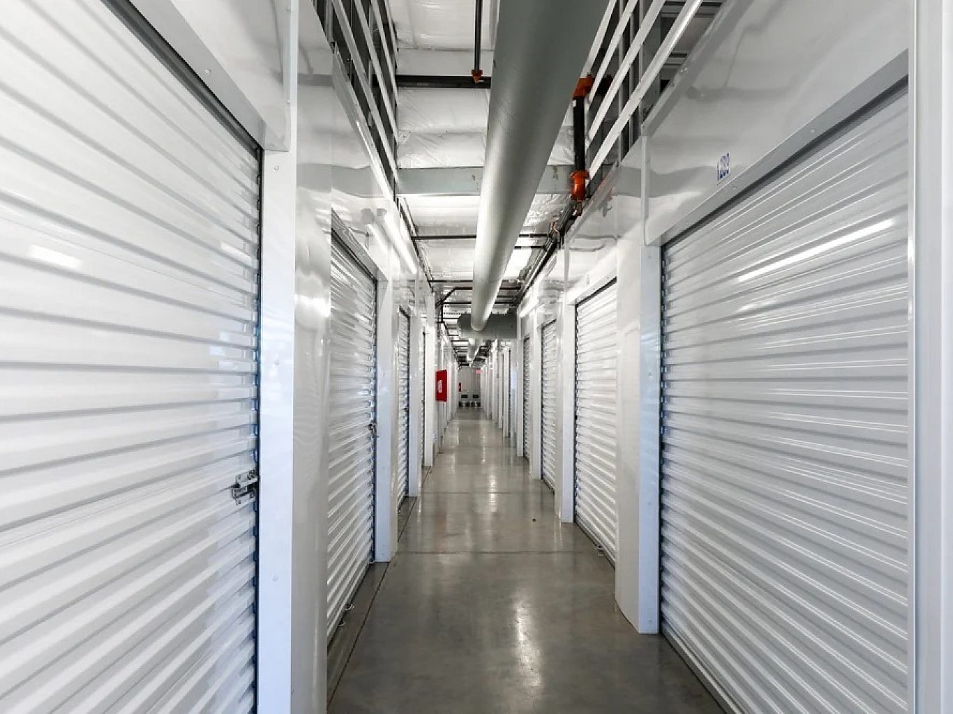 A hallway in a storage facility with white, metalic storage shed doors lining it.