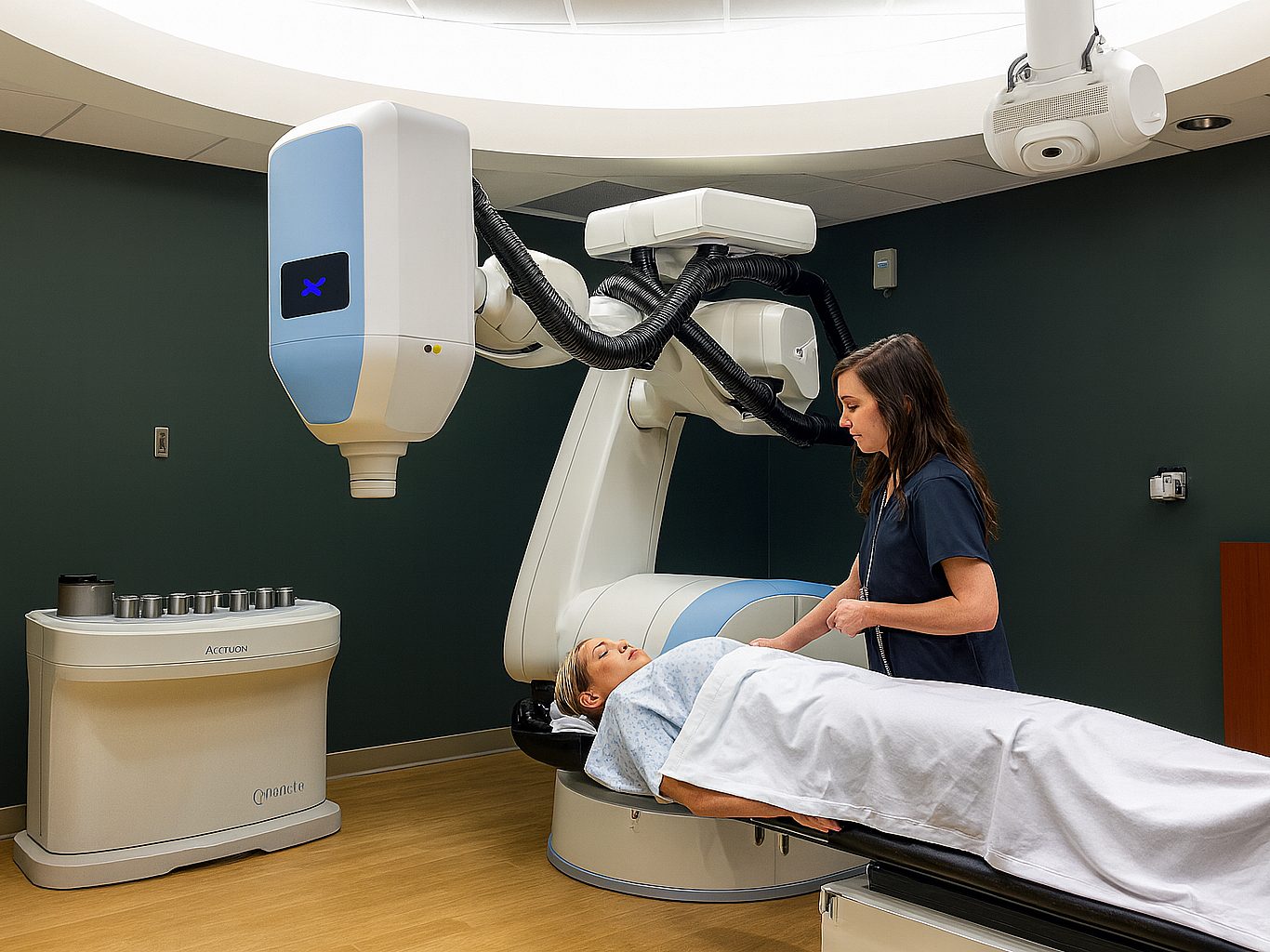 A nurse prepares a patient to receive a medical screening
