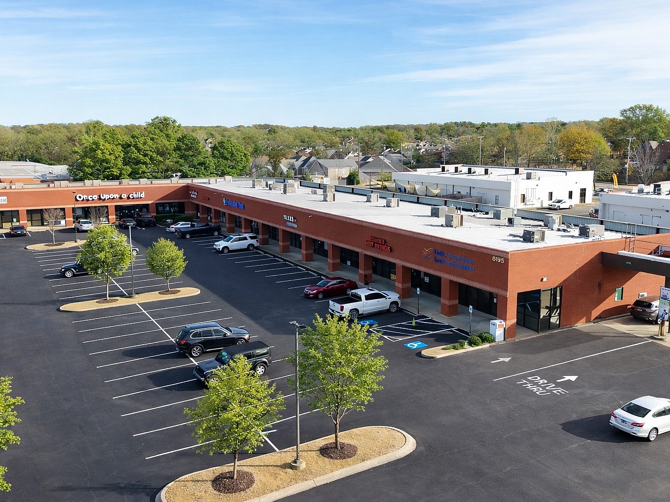 An aerial view of an outdoor shopping center
