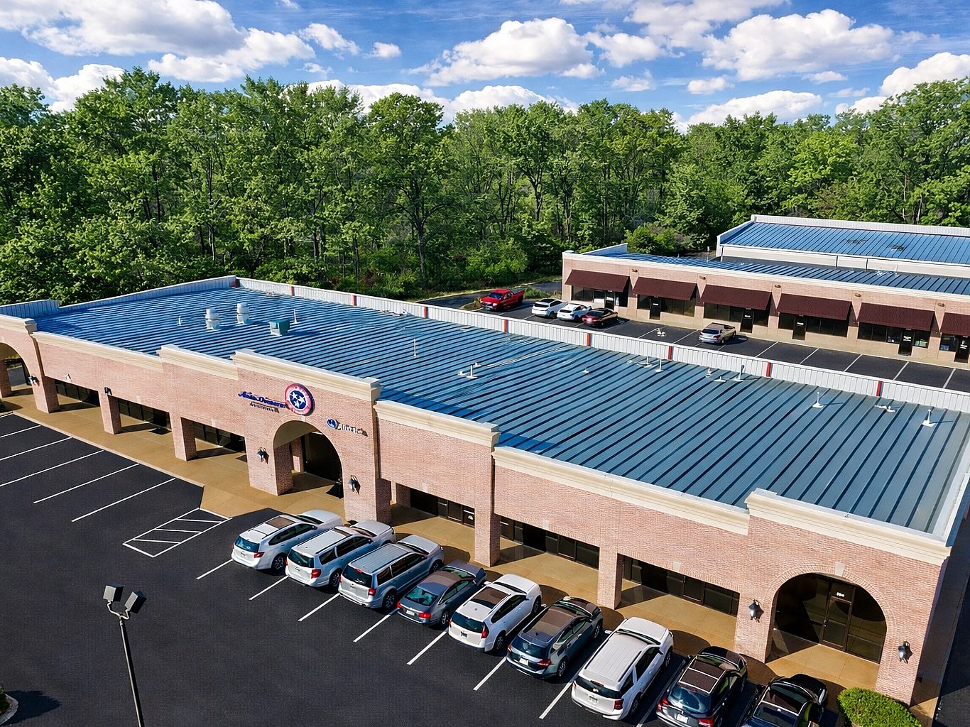 An aerial view of an outdoor shopping center