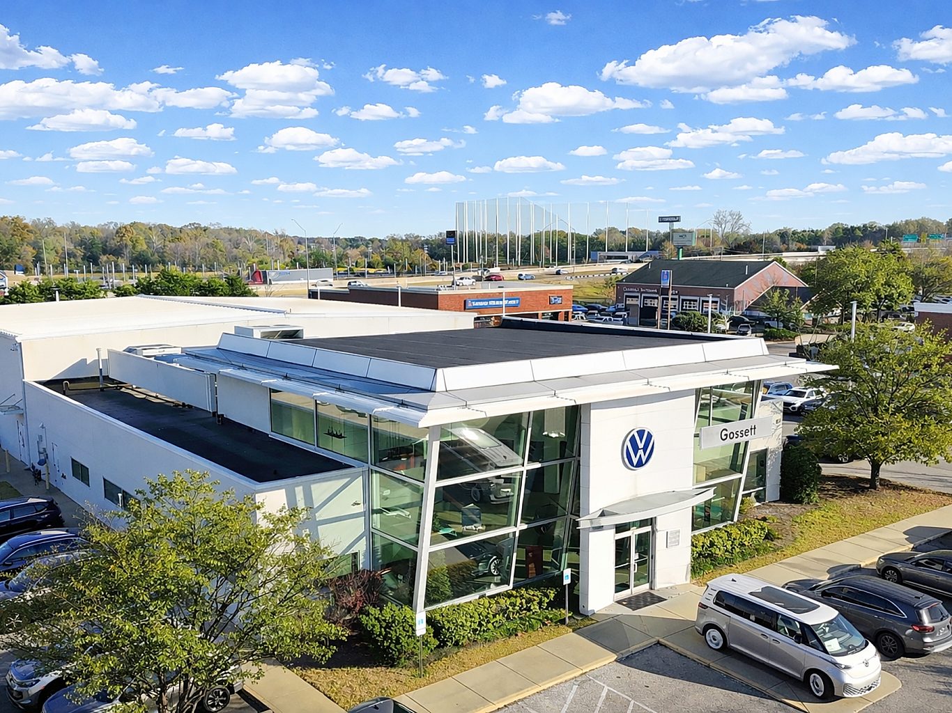 Aerial view of a Volkswagen car dealership