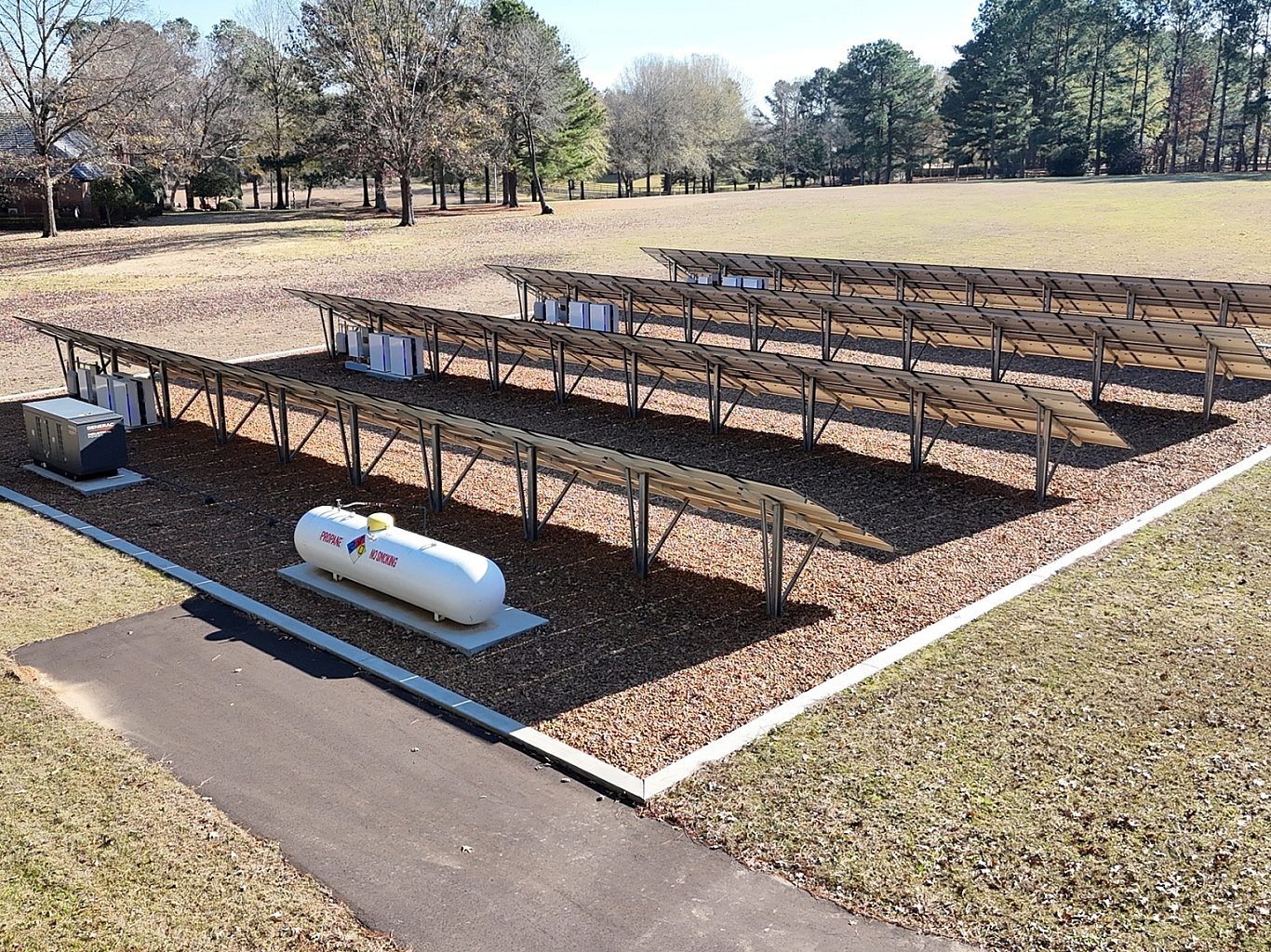 Four rows of solar panels in a yard