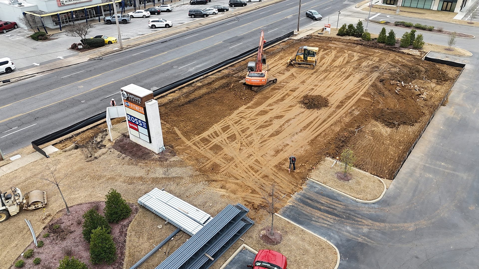 Aerial view of a construction zone for a retail center.