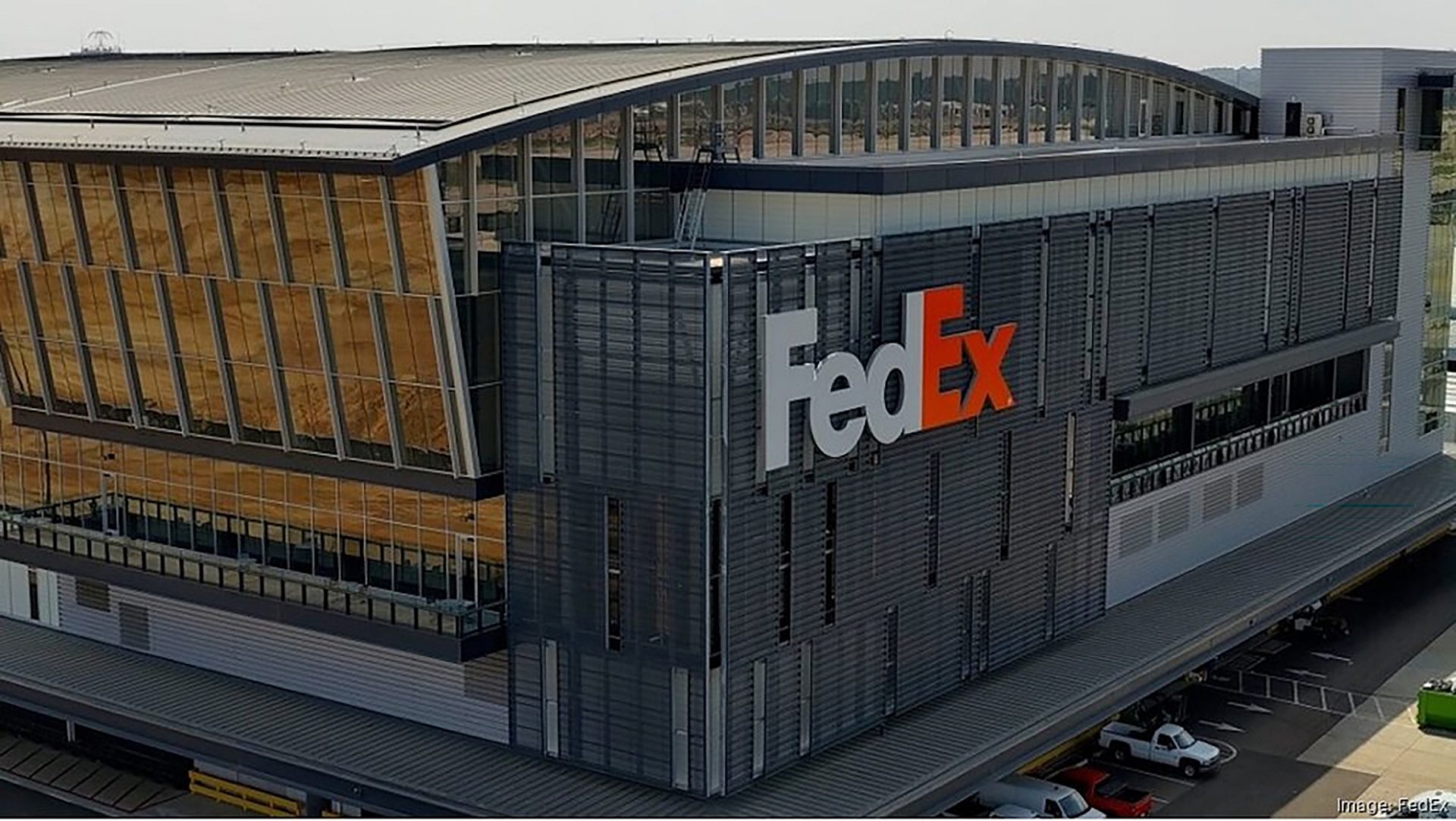 The exterior view of Fedex's sorting facility.