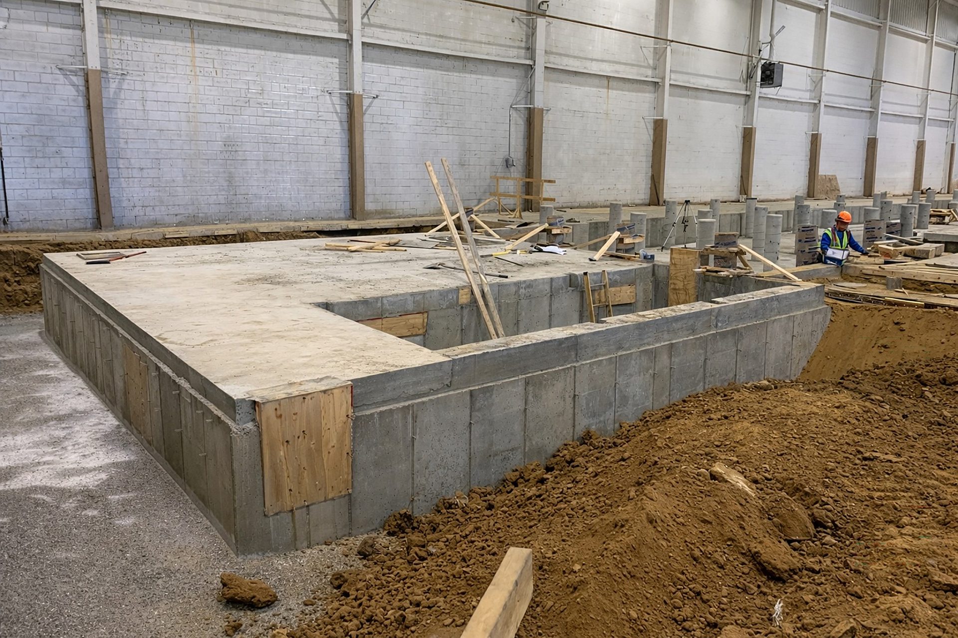 The floor of an industrial building under construction.