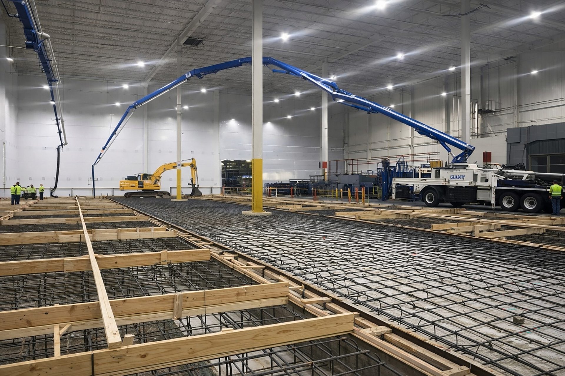 The interior of an industrial building under construction with the foundation under way.