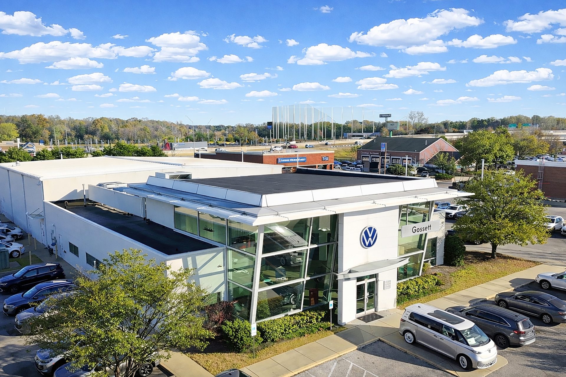 Aerial view of a Volkswagen car dealership
