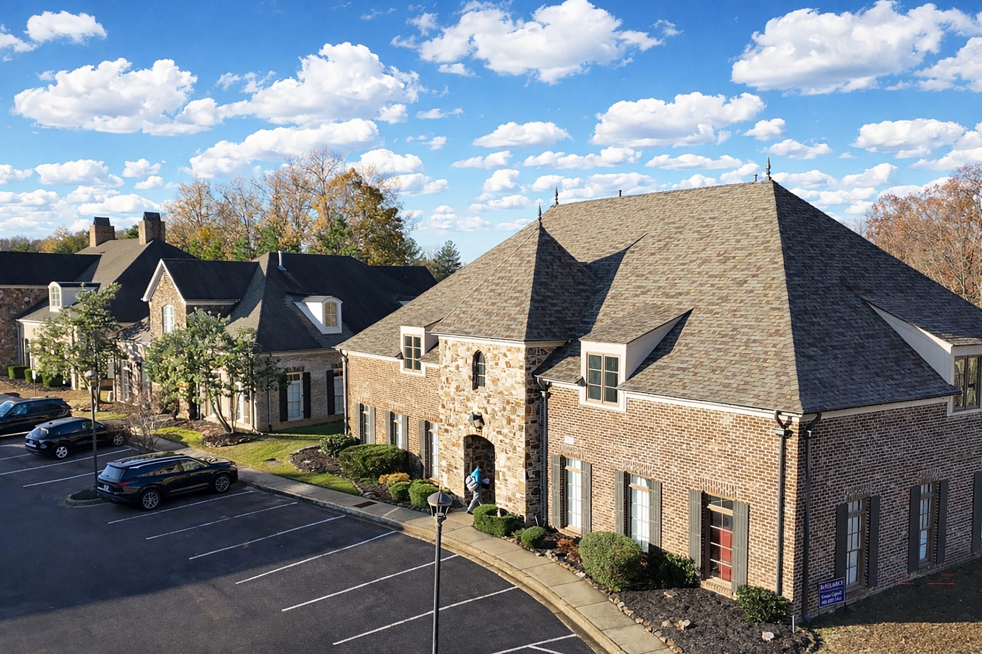 Exterior view of a brick office building