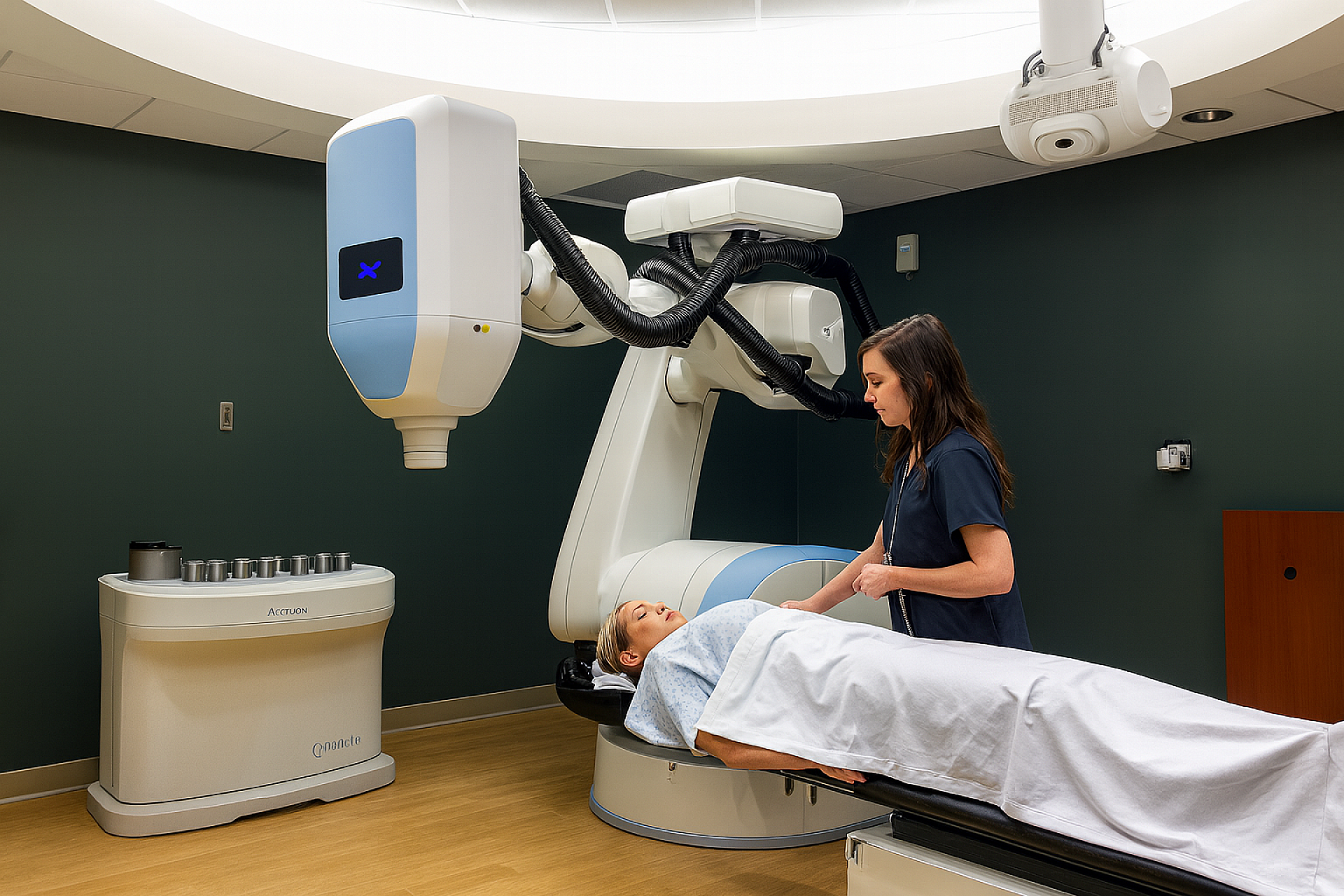 A nurse prepares a patient to receive a medical screening