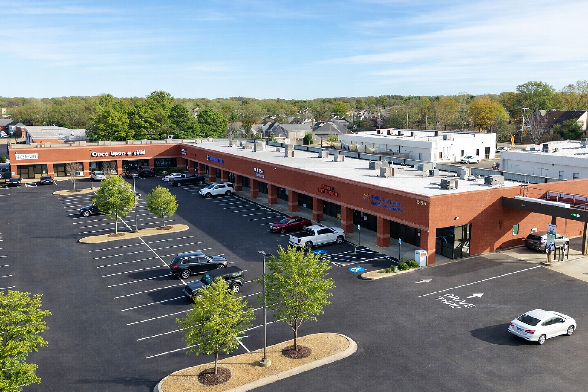 An aerial view of an outdoor shopping center