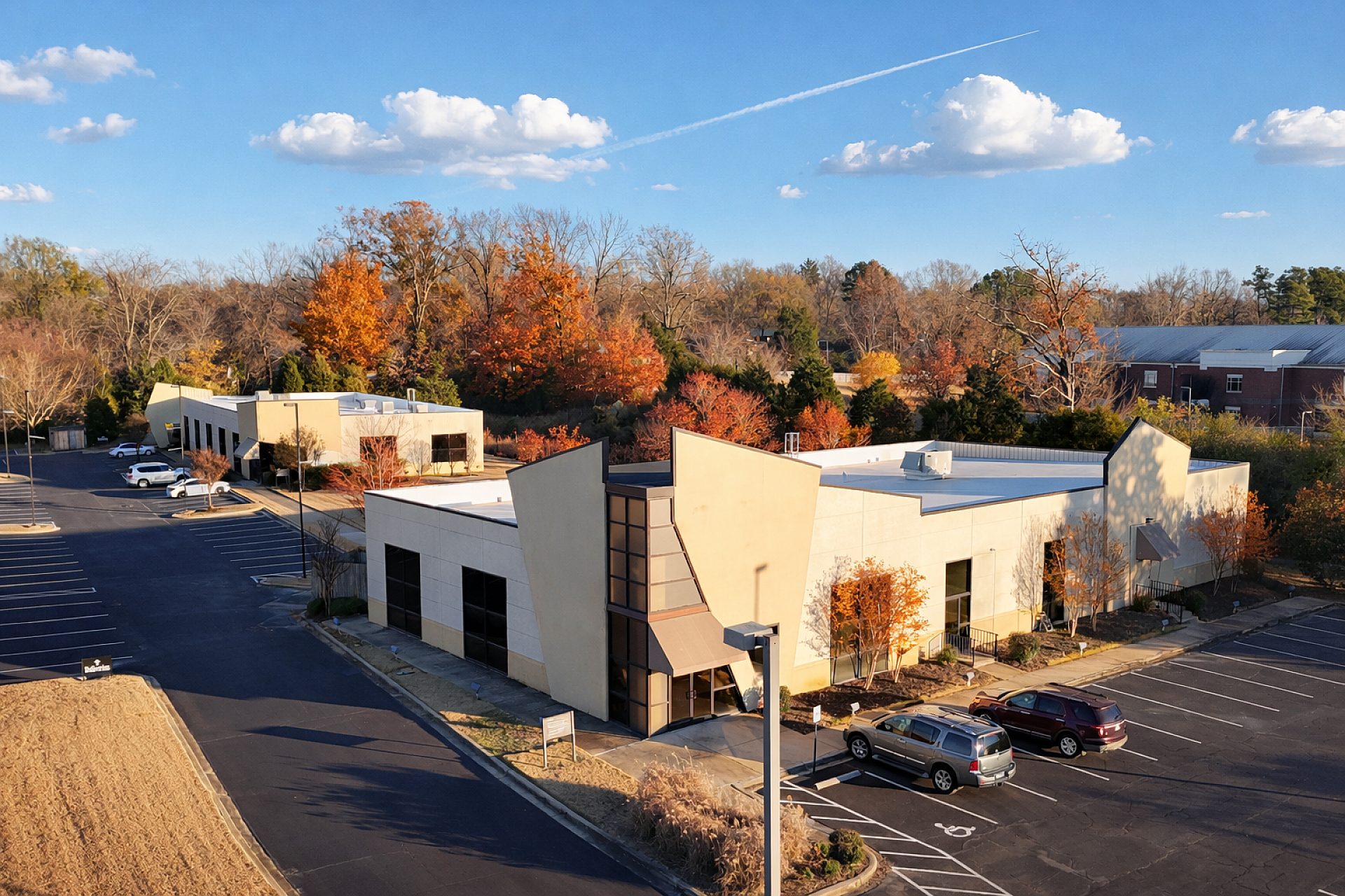Aerial view of a Presbyterian church at sunset