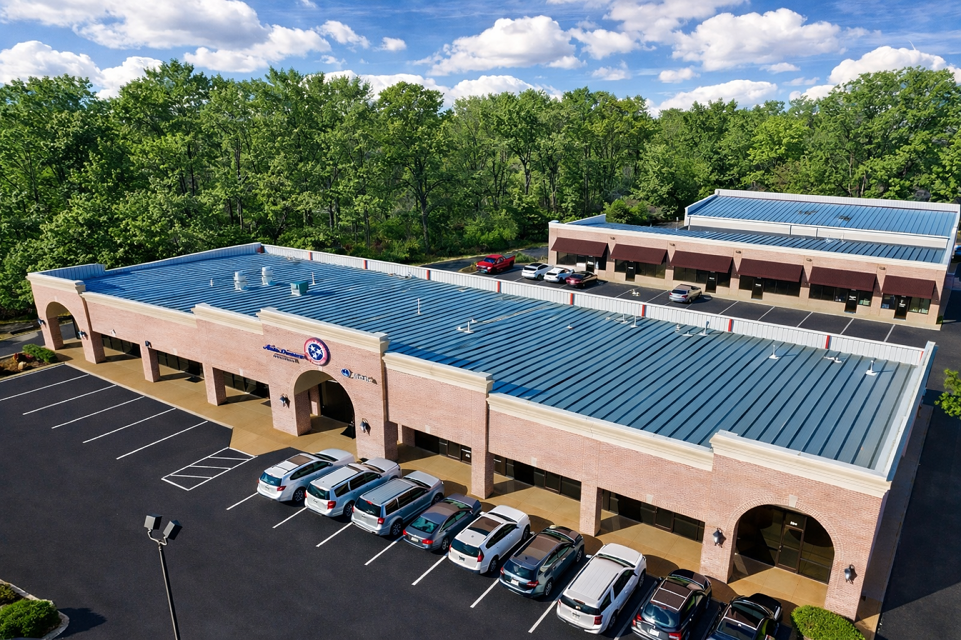 An aerial view of an outdoor shopping center