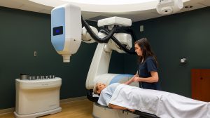 A nurse prepares a patient to receive a medical screening
