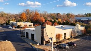 Aerial view of a Presbyterian church at sunset