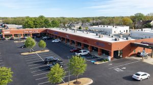 An aerial view of an outdoor shopping center