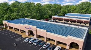 An aerial view of an outdoor shopping center