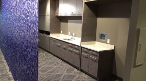 A wall lined with cabinets and a sink.