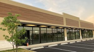 The exterior of a recently constructed shopping center.