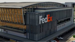 The exterior view of Fedex's sorting facility.