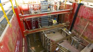 A construction worker in the middle of a work zone