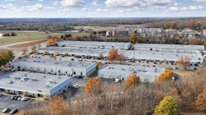 The aerial view of an office complex in the fall.