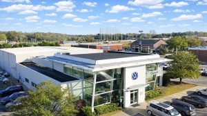 Aerial view of a Volkswagen car dealership