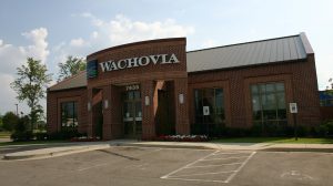 Front view of Wachovia Bank with an empty parking lot